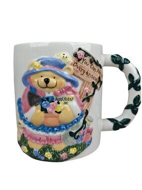 Vintage Ceramic Teddy Bear Mug 2000 Geo. Z. Lefton Embossed Multicolor Gardening